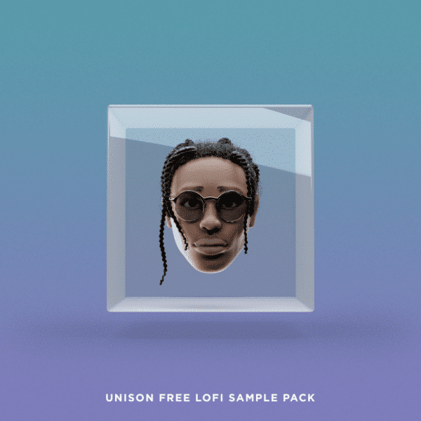 A 3D render of a face with braids and glasses inside a glass cube on a gradient teal background. Text below reads: "Unison Free LoFi Sample Pack, the ultimate Free LoFi Sample Pack.