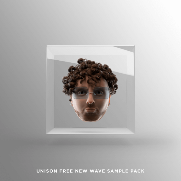 A stylized, 3D-rendered head with curly hair and glasses is encased in a glass box against a gradient background. Text at the bottom reads "Unison Free New Wave Sample Pack." Don’t miss out on this exclusive Unison Free New Wave Sample Pack!