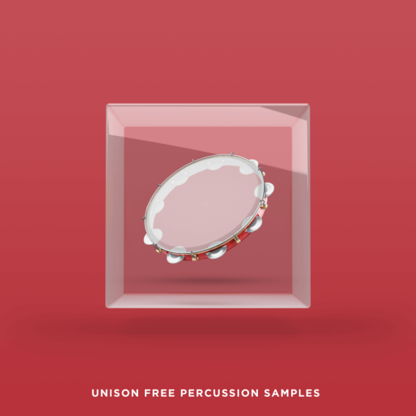 An image of a tambourine encased in a transparent cube on a vivid red backdrop. The text reads, "Unison Free Percussion Samples.