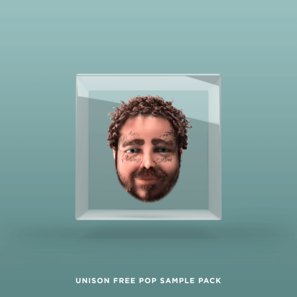 A 3D-rendered image of a tattooed, bearded man’s face encased in a transparent box with the text "Unison Free Pop Sample Pack" displayed below.