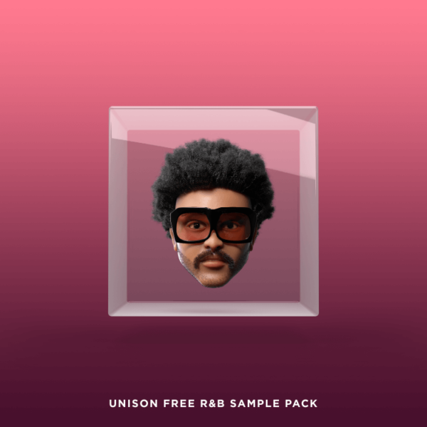 Image of a man's head with curly hair and large sunglasses inside a glass square, against a pink gradient background. Text at the bottom reads, "Unison Free R&B Sample Pack," highlighting the ultimate free R&B sample pack for music enthusiasts.