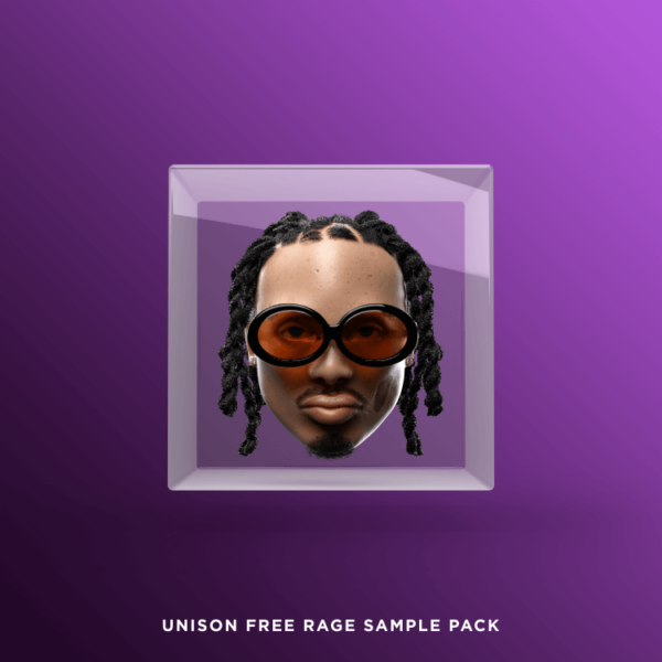 3D illustration of a head adorned with oversized brown sunglasses against a purple backdrop. The text at the bottom, "Unison Free Rage Sample Pack," highlights the charm and inventiveness of this distinctive product.