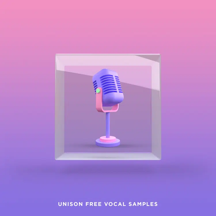 A captivating 3D-style illustration featuring a pink and purple microphone set against a gradient background showcases the compelling offer of "Unison Free Vocal Samples," making it an enticing visual for anyone in search of top-notch free vocal samples.