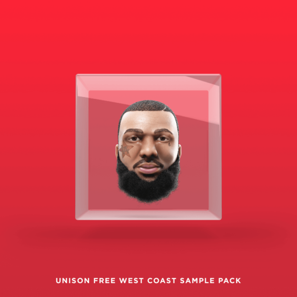 A digital artwork of a man's head with a beard and face tattoos enclosed in a transparent cube on a red background, labeled "Unison Free West Coast Sample Pack" at the bottom. This striking image promotes the sample pack, highlighting its creativity and unique flair.