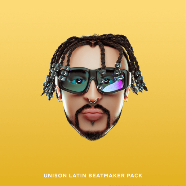 A 3D-rendered image depicts a person with braided hair, sunglasses, and a nose ring. Below the image, the text reads "Unison Latin Beatmaker Pack" — an essential sample pack for your hip hop music production needs.