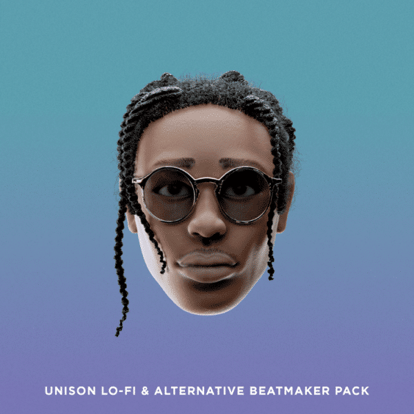 A digital artwork features a person's head adorned with braids and sunglasses, set against a gradient blue-purple backdrop. At the bottom, the text reads "Unison Lo-Fi & Alternative Beatmaker Pack"—a hip hop sample pack crafted for innovative music creators.