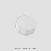 A sleek white snare drum with a minimalistic design is set against a light gray background. Below, the text reads "Unison MIDI Drum Pack | 60% Off + Bonuses," ideal for anyone looking to boost their music production content with SEO keywords.