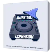 Image of the MIDI Wizard 2.0 Mainstage Expansion Pack box, showcasing a DJ controller adorned with a blue wizard hat.