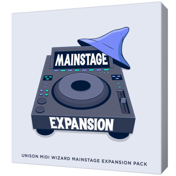 Image of the MIDI Wizard 2.0 Mainstage Expansion Pack box, showcasing a DJ controller adorned with a blue wizard hat.