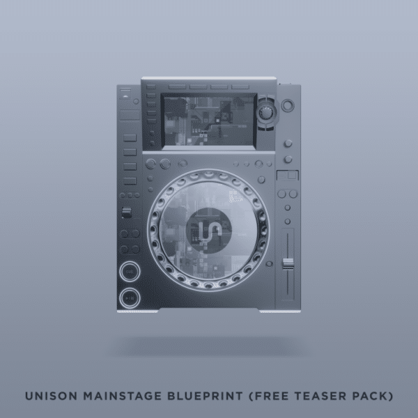 A digital DJ controller featuring buttons and a display screen, set against a gradient blue background. Text at the bottom reads: "Unison Mainstage Blueprint (Free Teaser Pack)".