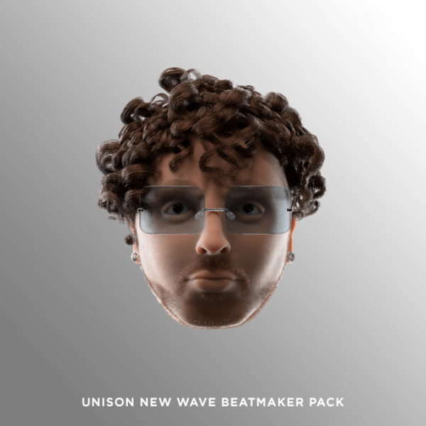 3D rendering of a face with curly hair, sunglasses, and facial hair on a gray background. Text at the bottom reads "UNISON NEW WAVE BEATMAKER PACK.