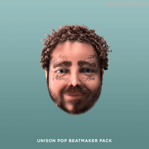 A digitally rendered face with curly hair, facial tattoos, and a beard appears against a blue-green background. Text below reads "Unison Pop Beatmaker Pack: Hip Hop Sample Pack.