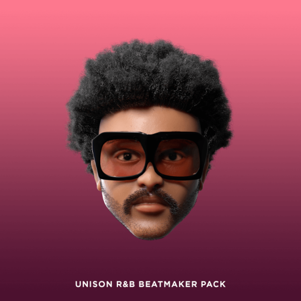 A cartoon-style illustration of a man with big sunglasses, bushy hair, and a mustache set against a pink gradient background. The text at the bottom says "Unison R&B Beatmaker Pack." Ideal for anyone looking for a hip-hop sample pack with charisma and style.