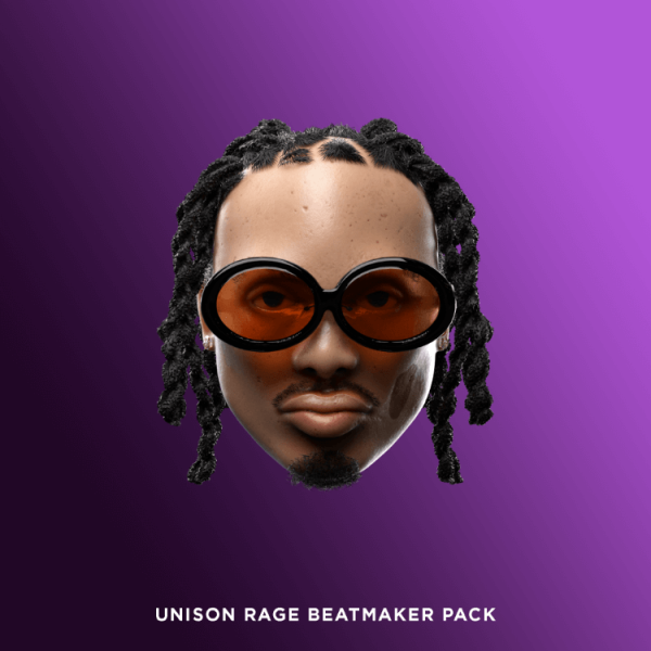 A 3D-rendered face sporting dark sunglasses and dreadlocks stands out against a vibrant purple backdrop. Beneath it, the text proudly displays "Unison Rage Beatmaker Pack," promoting the ultimate hip hop sample collection.