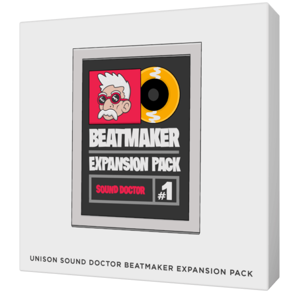 Image of the Sound Doctor Beatmaker Expansion Pack from Unison featuring a cartoon character, a vinyl record, and text: "BEATMAKER EXPANSION PACK SOUND DOCTOR #1.