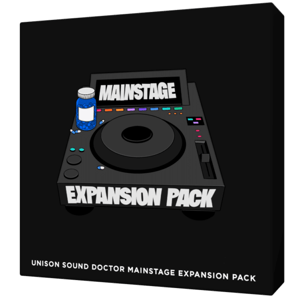 Image of a product box labeled "Sound Doctor Mainstage Expansion Pack" by Unison, featuring a graphic of a DJ controller with a bottle on top.