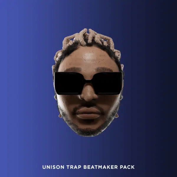 A digital rendering of a person's head with dreadlocks and wearing sunglasses, set against a dark blue background. Text at the bottom reads "Unison Trap Beatmaker Pack - Hip Hop Sample Pack.