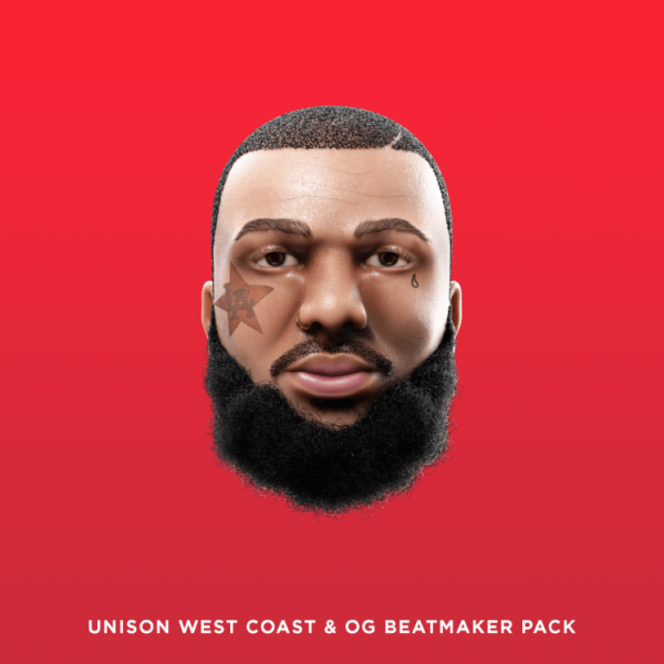 A digital illustration of a man's head adorned with face tattoos and a thick beard against a red background. Below, the text "Unison West Coast & OG Beatmaker Pack" highlights it as the ultimate hip hop sample pack for your beats.